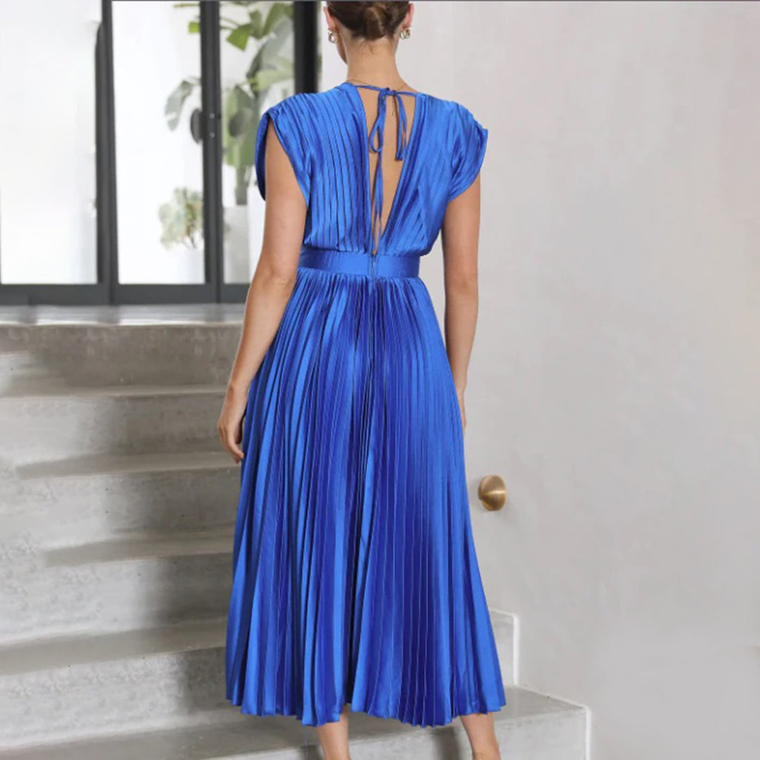 Geneva - Elegantes V-Ausschnitt Plissee Maxikleid