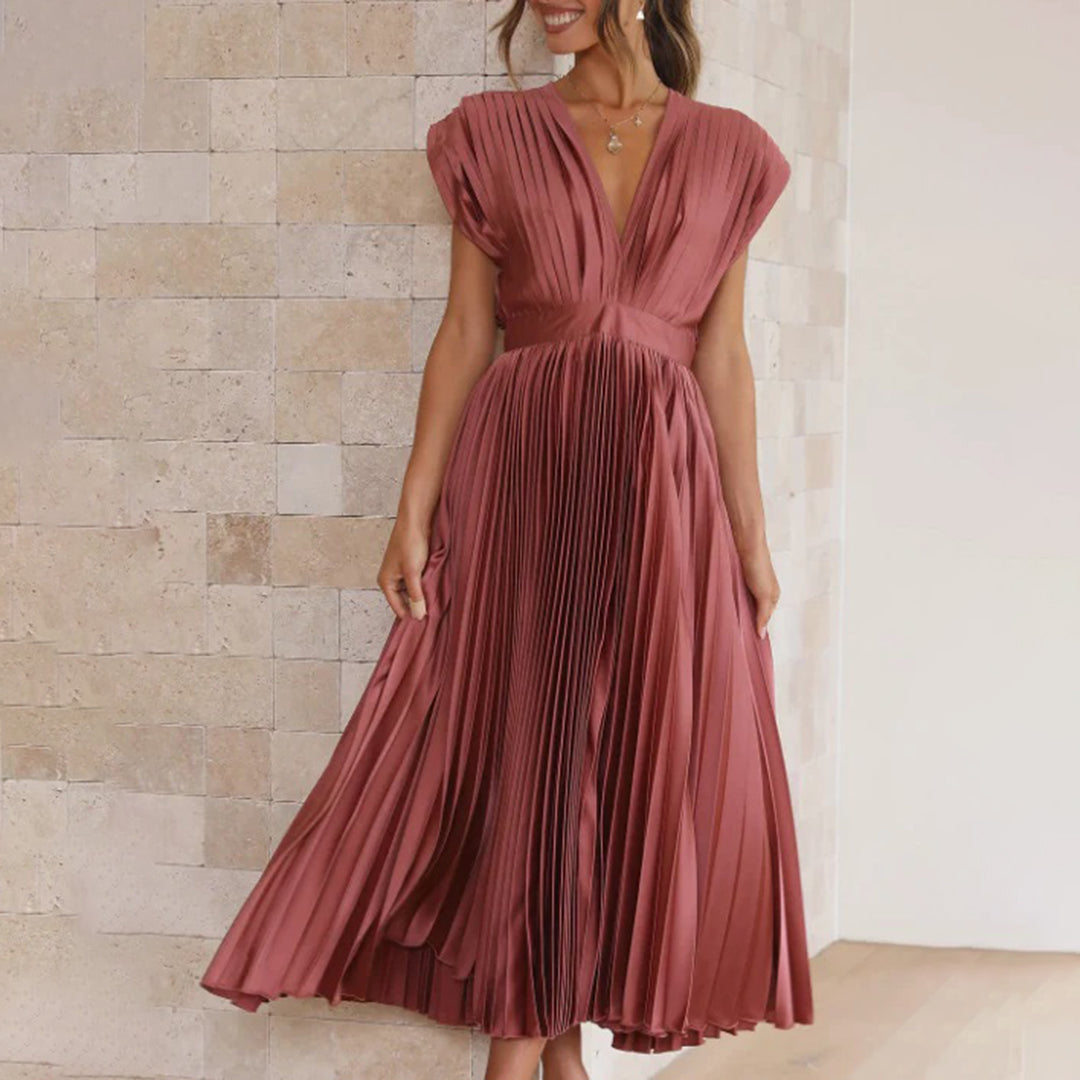 Geneva - Elegantes V-Ausschnitt Plissee Maxikleid