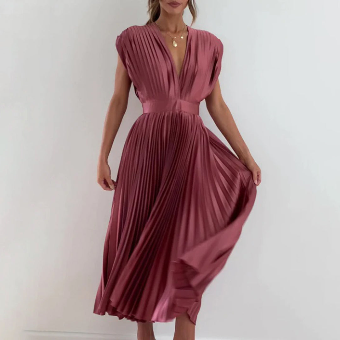 Geneva - Elegantes V-Ausschnitt Plissee Maxikleid