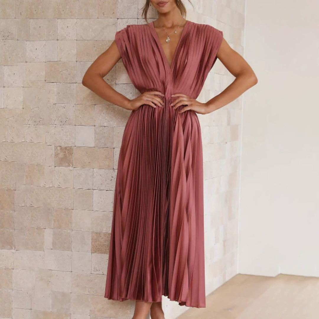 Geneva - Elegantes V-Ausschnitt Plissee Maxikleid