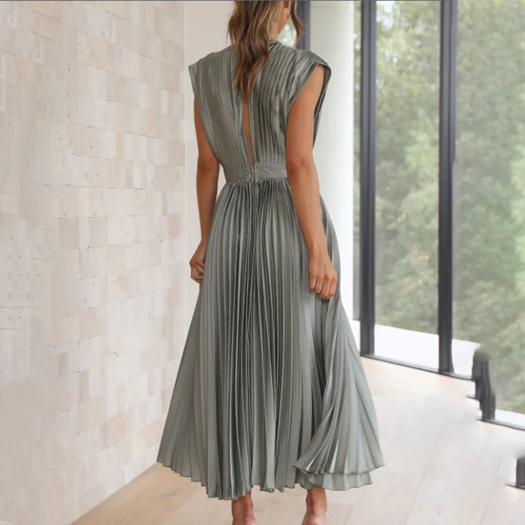Geneva - Elegantes V-Ausschnitt Plissee Maxikleid