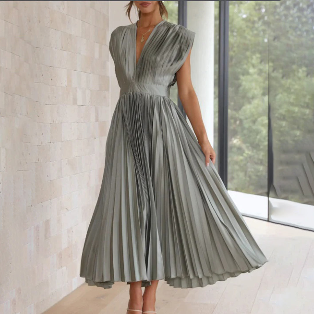Geneva - Elegantes V-Ausschnitt Plissee Maxikleid