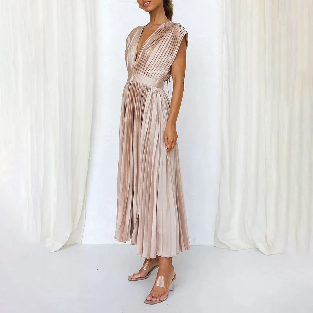 Geneva - Elegantes V-Ausschnitt Plissee Maxikleid