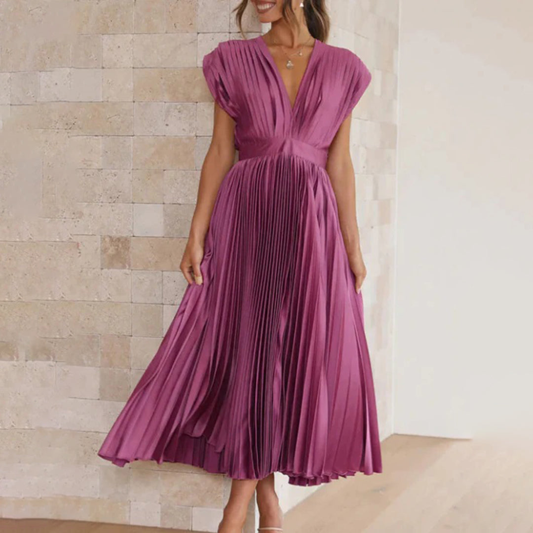 Geneva - Elegantes V-Ausschnitt Plissee Maxikleid